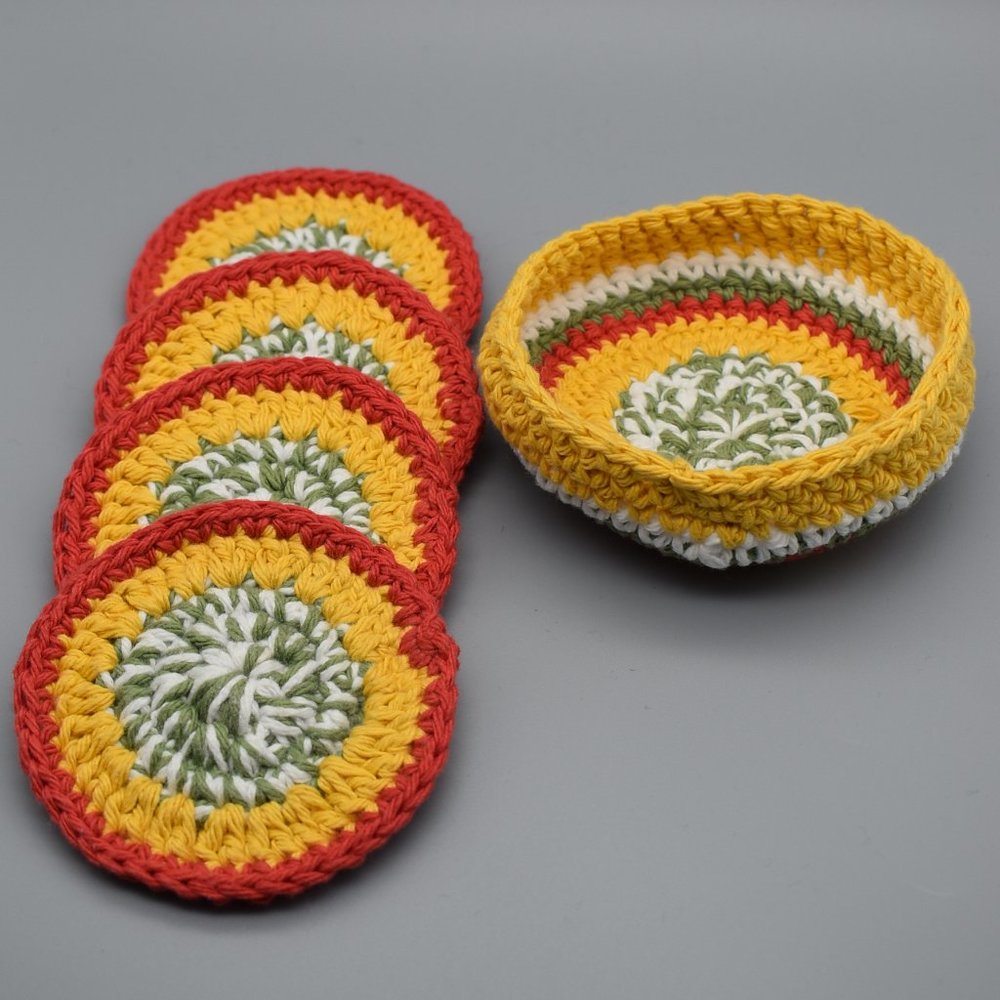 Handcrafted Crochet Coasters Set of four with Matching Basket - Picture 2 of 11